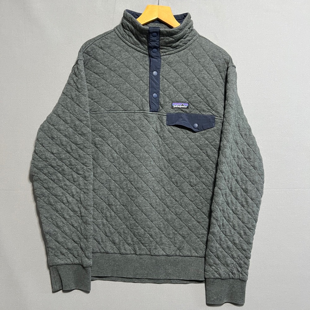 Patagonia Mens Cotton Quilt Snap-T Pullover Grey Navy Blue Sweatshirt Medium